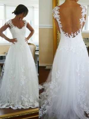 A-Line/Princess V-neck Tulle Sleeveless Sweep/Brush Train Wedding Dresses