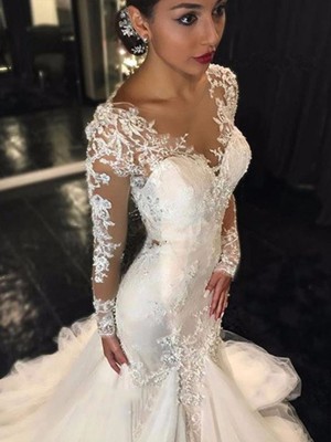 Trumpet/Mermaid V-neck Tulle Long Sleeves Court Train Wedding Dresses