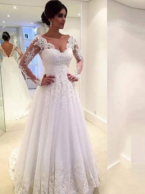 Ball Gown V-neck Tulle Long Sleeves Sweep/Brush Train Wedding Dresses