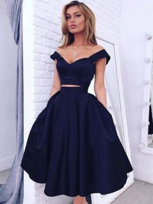 A-line/Princess Off-the-Shoulder Taffeta Sleeveless Tea-Length Two Piece Dresses