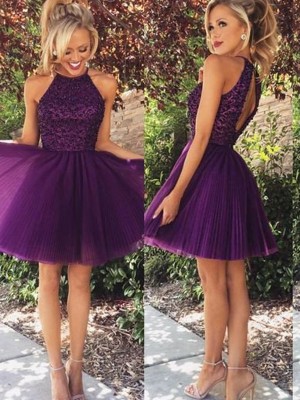 A-line/Princess Halter Tulle Sleeveless Short/Mini Dresses