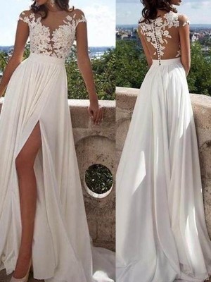 A-Line/Princess Scoop Chiffon Short Sleeves Sweep/Brush Train Dresses