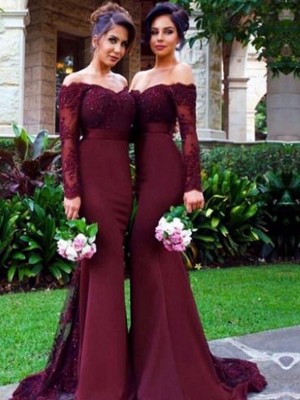 Trumpet/Mermaid Off-the-Shoulder Satin Long Sleeves Sweep/Brush Train Bridesmaid Dresses